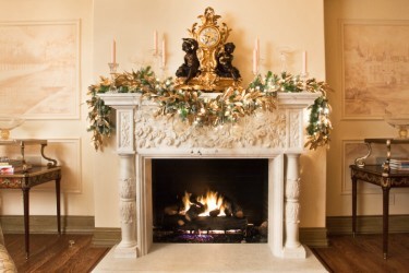 French Country Liv Rm White Rose Marble Fireplace
